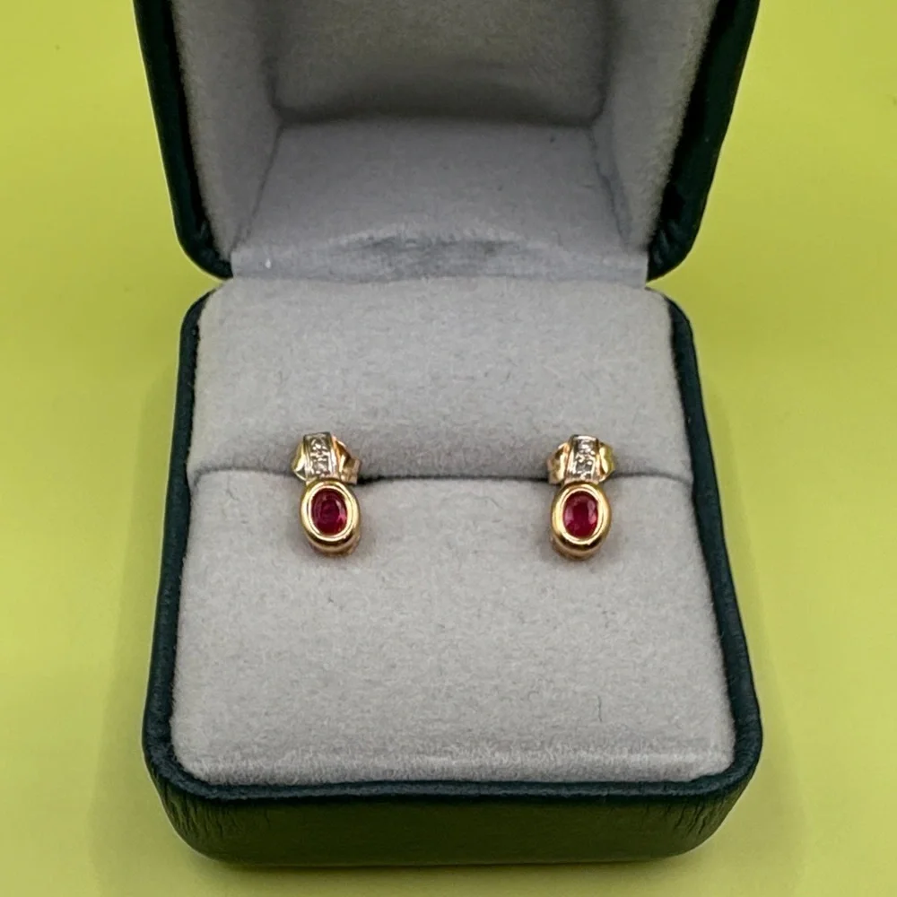 Genuine Ruby and Diamond Chip 14K Gold Stud Earrings - Picture 1 of 9